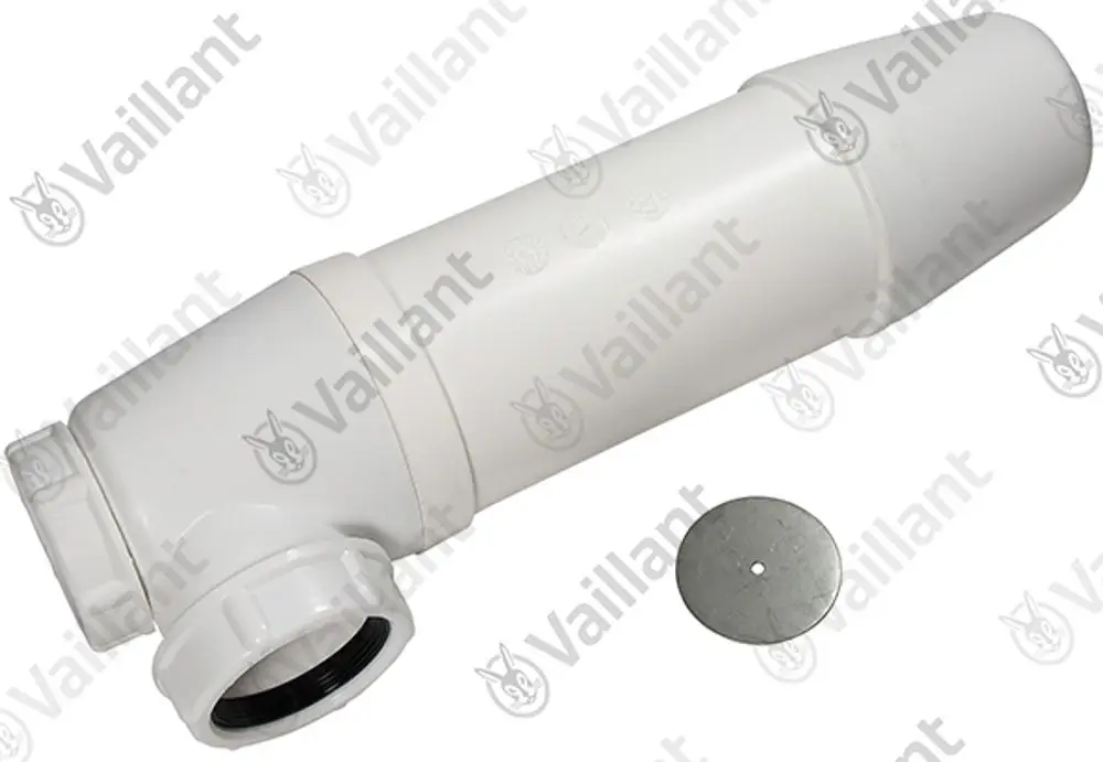 Vaillant Siphon in rechteckiger Form, aus weißem Kunststoff, mit einem Anschluss auf der linken Seite und einem runden Deckel in der Mitte.